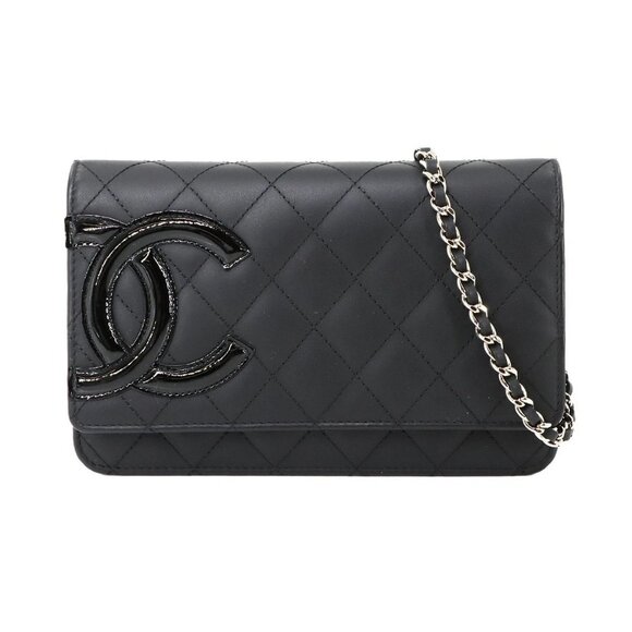 CHANEL Cambon Line Chain Long Wallet Leather Enamel Black - Picture 1 of 11